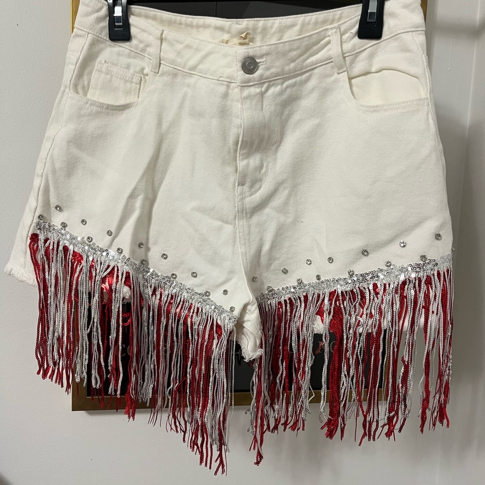 Peach Love California White Jean Shorts with Red Fringe - Picture 2 of 3